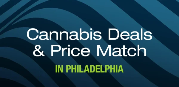 Cannabis Deals & Price Match in Philadelphia title graphic on a blue wave background
